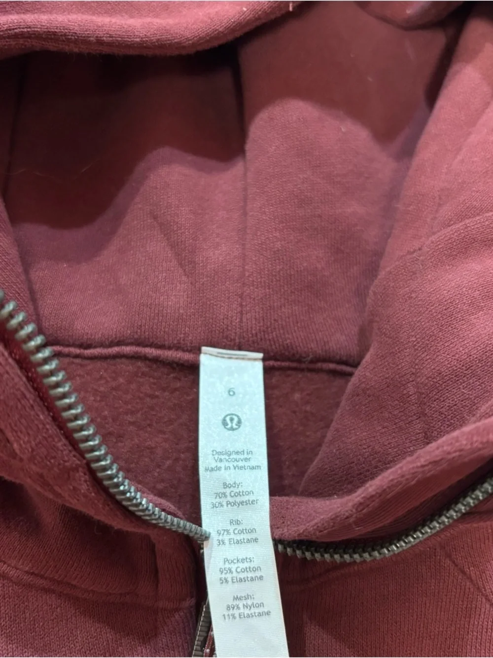 Lululemon Scuba Full-Zip Hoodie, RDMR-Red Merlot, Size 6
